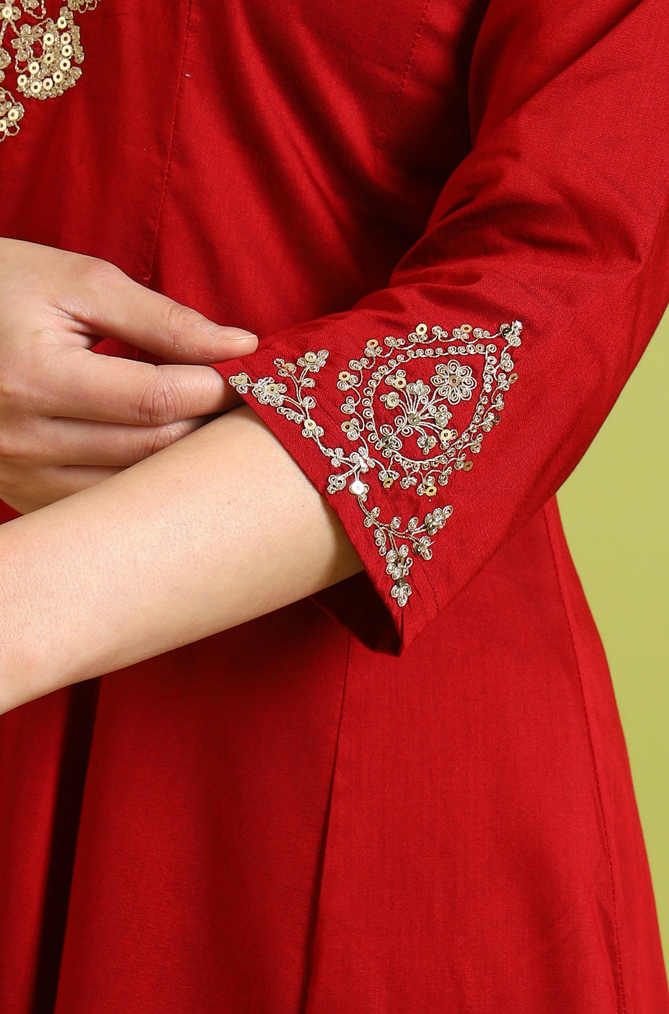 Dark Red Solid Metallic Emnbroidery Anarkali Kurta, Pants and Dupatta Set