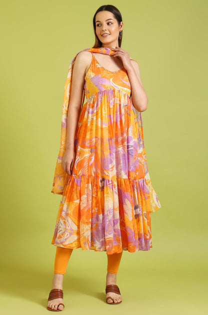 Orange Abstract Printed Tiered Spaghetti Kurta and Leggings Set with Dupatta