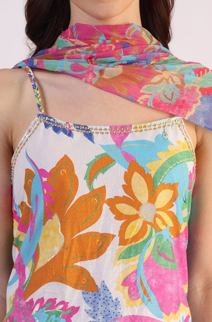 White Abstract Printed Pure Cotton Spaghetti Kurta, Flared Pants and Dupatta Set