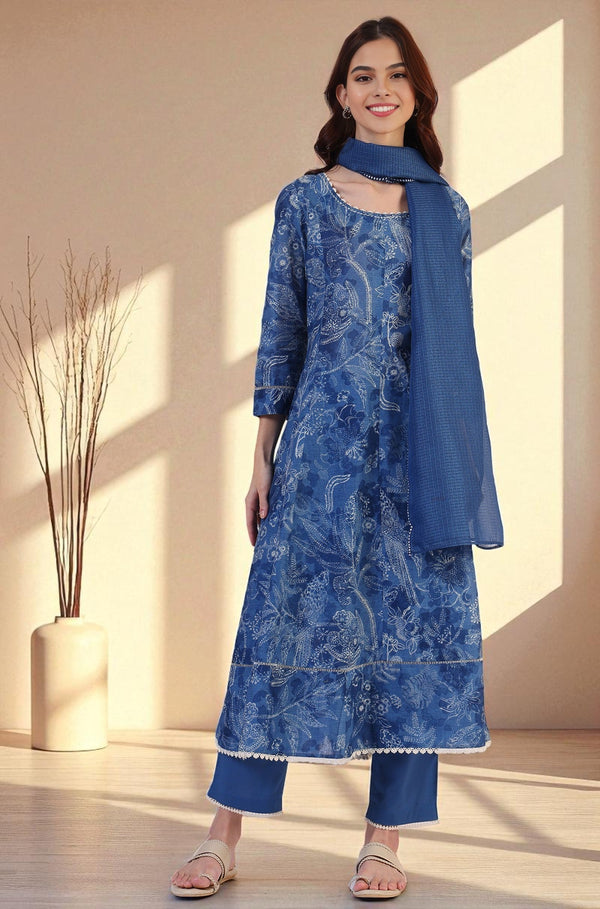 Floral Printed Thread Work Flared Pure Cotton Kurta & Flared Pants with Dupatta Set