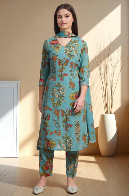 Reef Blue Floral Printed Modal Straight Kurta, Pants and Dupatta Set