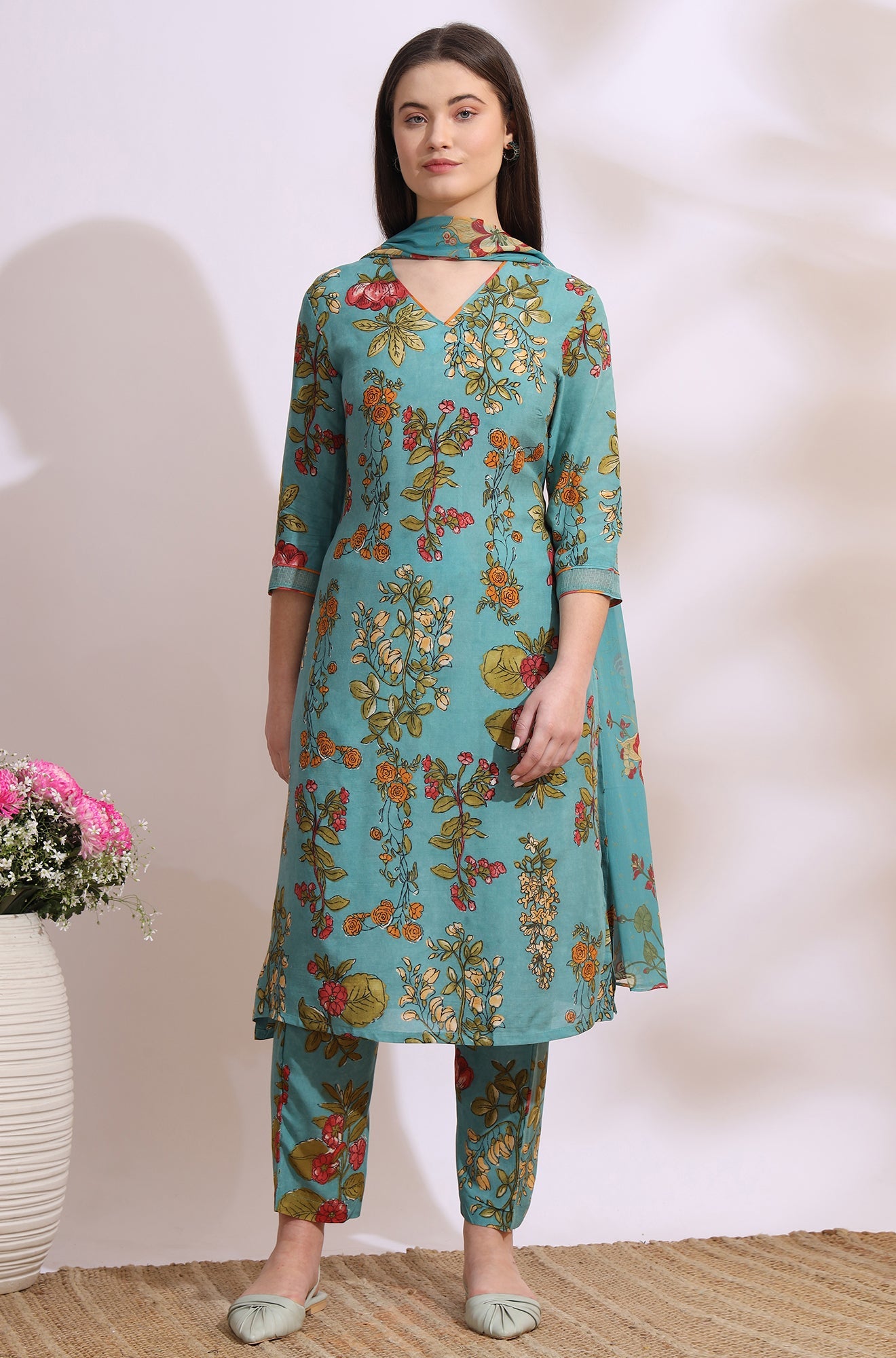 Reef Blue Floral Printed Modal Straight Kurta, Pants and Dupatta Set