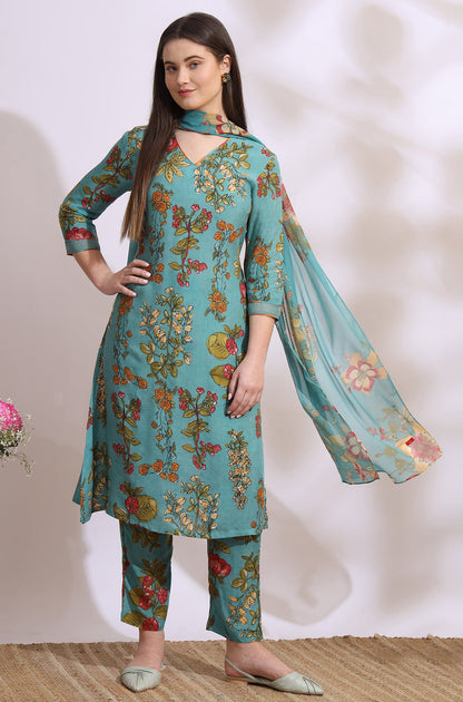 Reef Blue Floral Printed Modal Straight Kurta, Pants and Dupatta Set