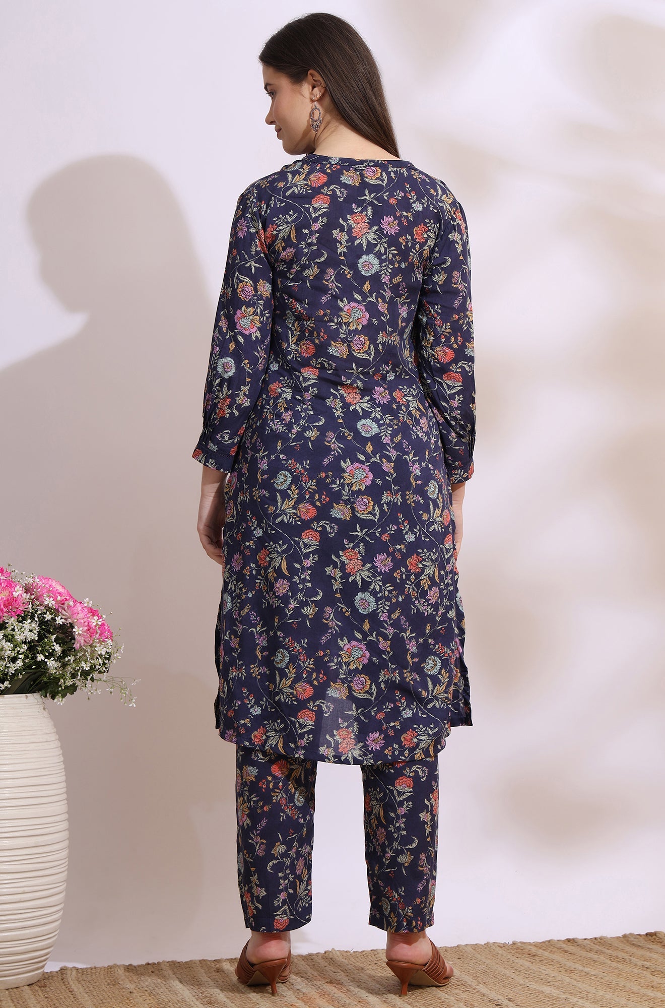 Ink Grey Floral Printed Modal A-line Kurta and Pants Co-ord Set