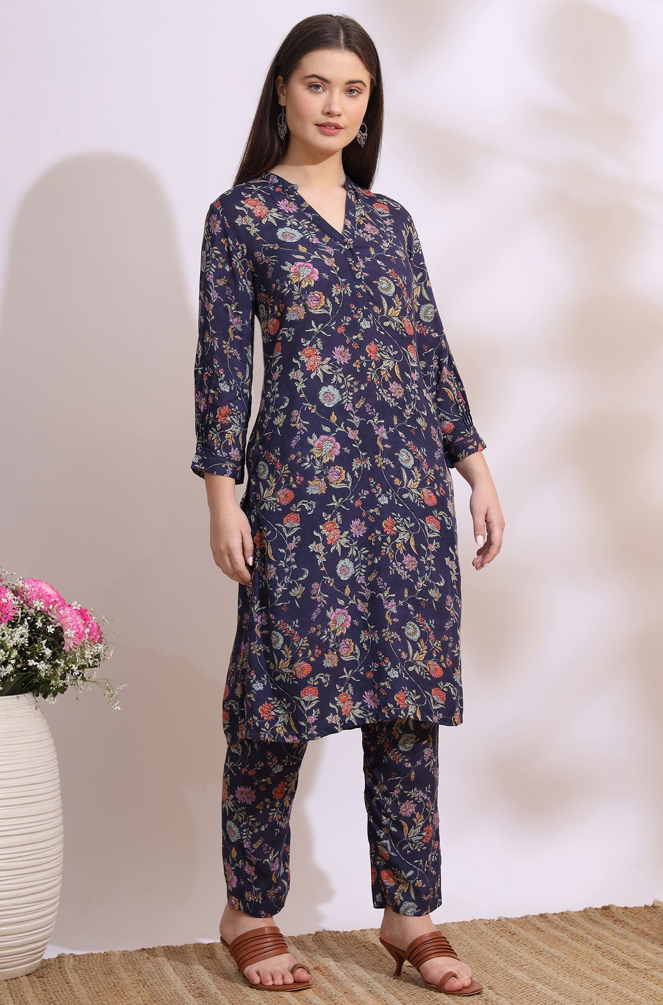Ink Grey Floral Printed Modal A-line Kurta and Pants Co-ord Set