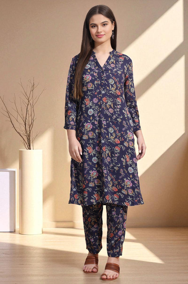 Ink Grey Floral Printed Modal A-line Kurta and Pants Co-ord Set