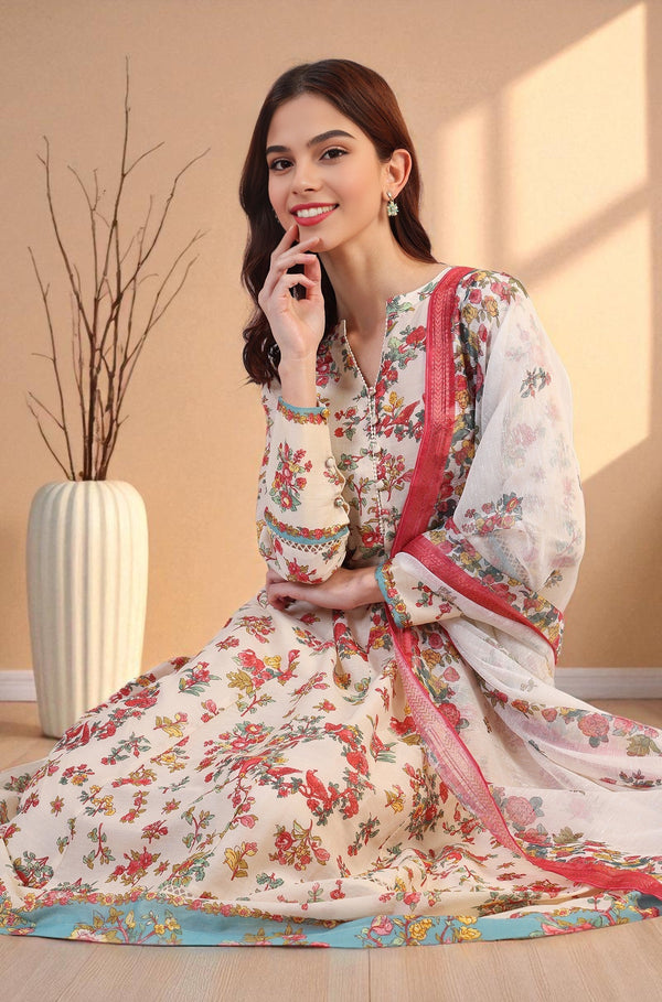 White Floral Printed Flared Pure Cotton Kurta & Straight Pant With Dupatta Set
