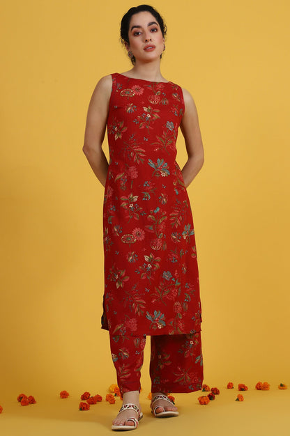 Red Floral Printed Sleeveless A-line Kurta and Flared Pants Co-ord Set