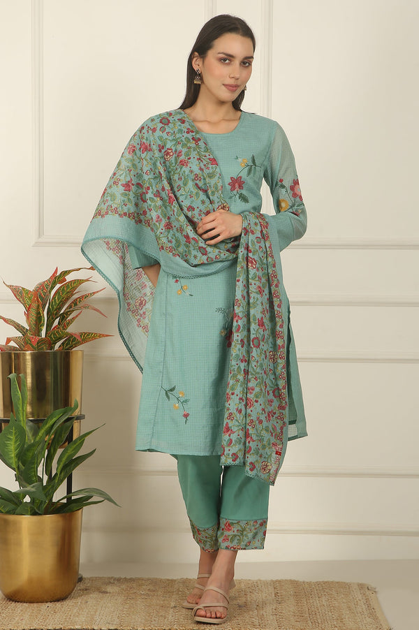 Blue Ari Embroidered Panelled Kurta, Straight Pants and Dupatta Set