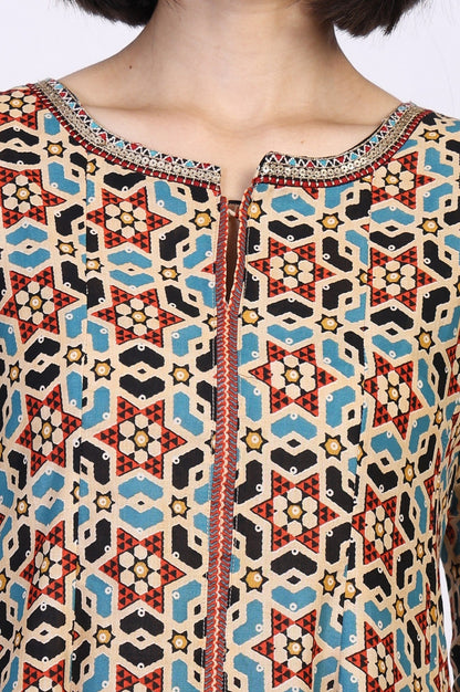 Multicolor Geometric printed Flared Cotton Kurta with Parallel Pant Set