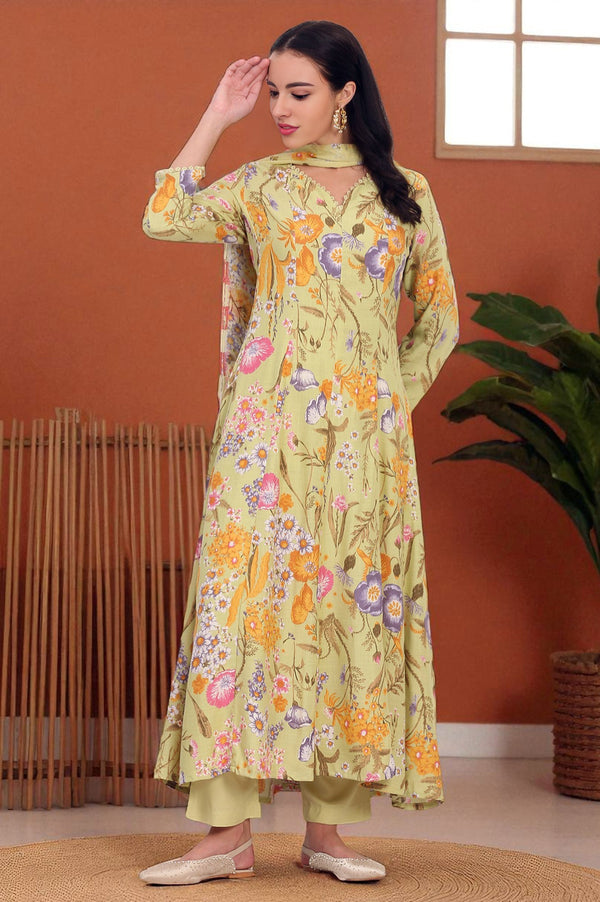 Light Green Floral Printed Rayon Anarkali Kurta, Pant and Dupatta Set