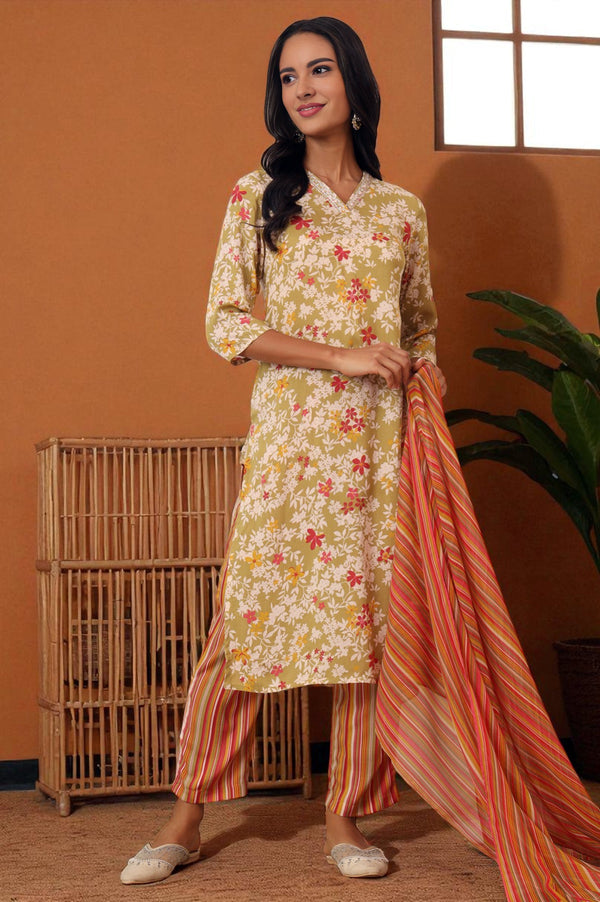 Beige Floral Printed Pure Cotton Straight Kurta, Pants and Dupatta Set