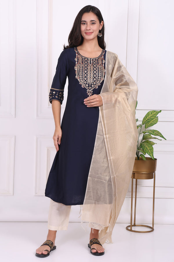 Navy Blue Embroidered Straight Kurta and Pants Set with Dupatta