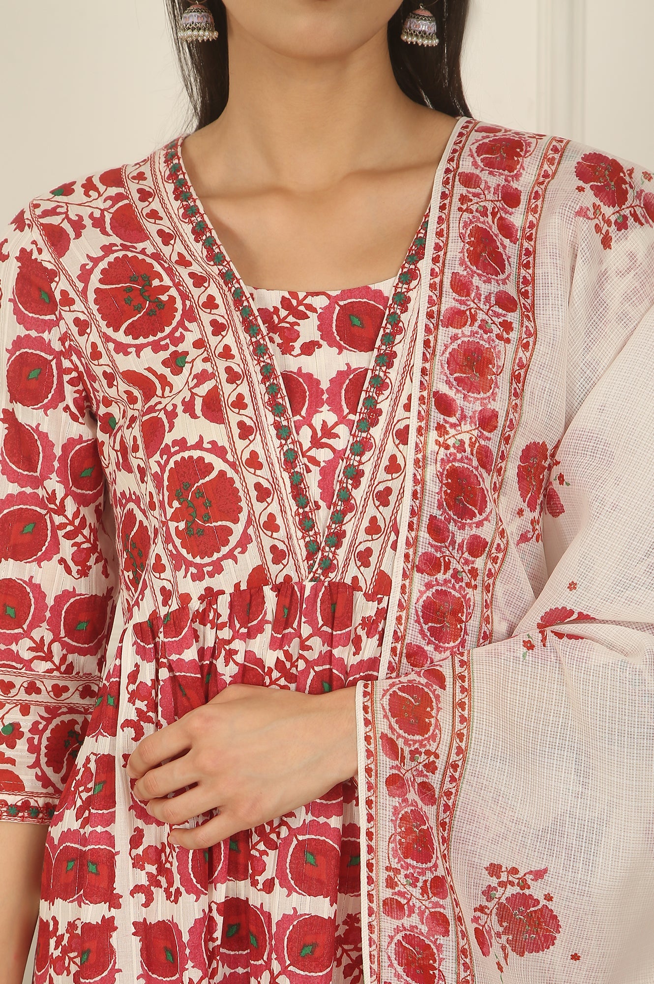 White and Red Printed Gathered Cotton Lurex Kurta, Pants and Dupatta Set