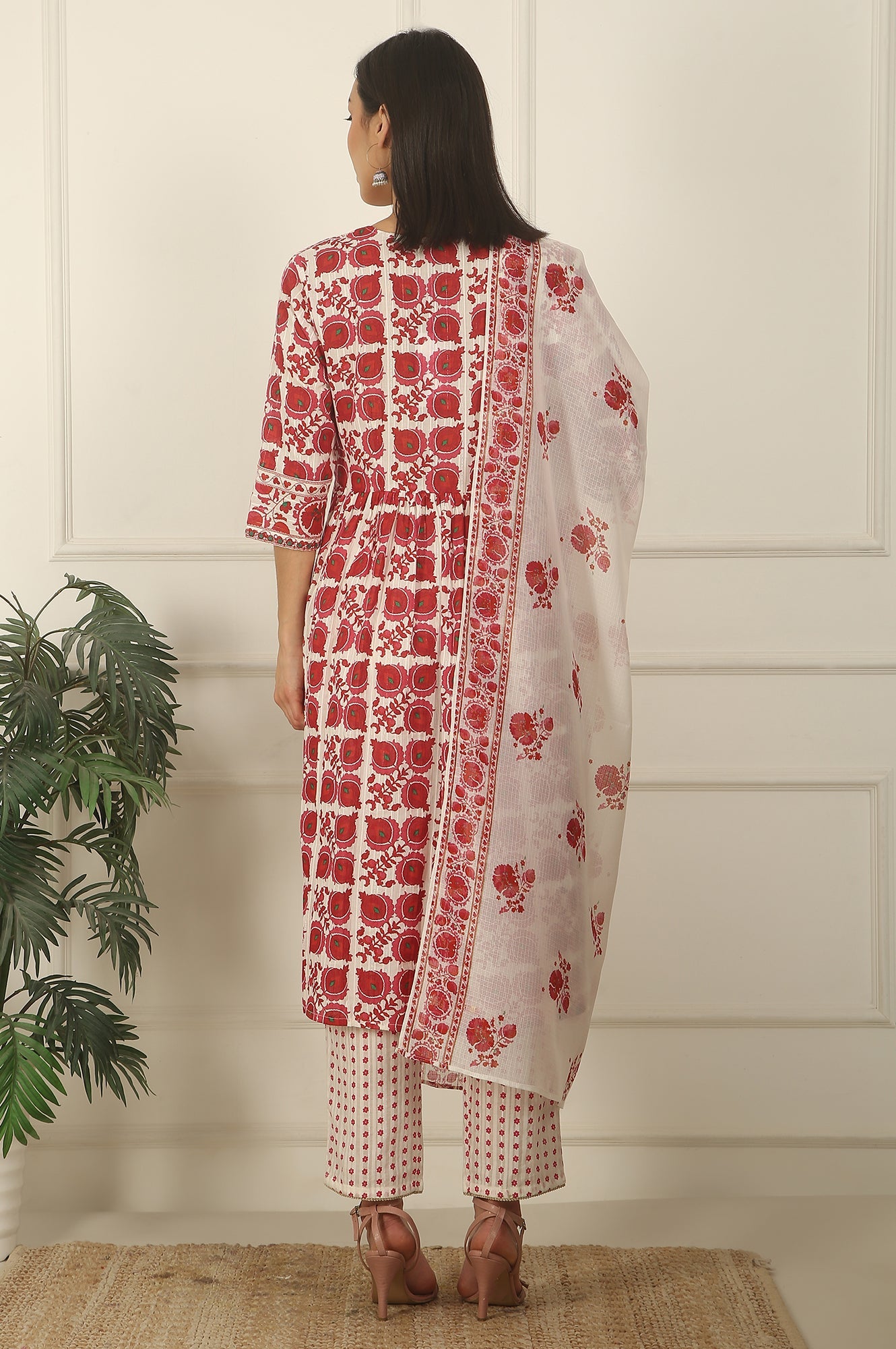White and Red Printed Gathered Cotton Lurex Kurta, Pants and Dupatta Set