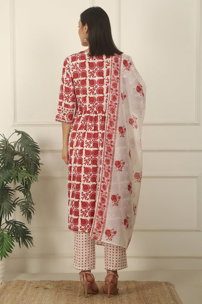 White and Red Printed Gathered Cotton Lurex Kurta, Pants and Dupatta Set