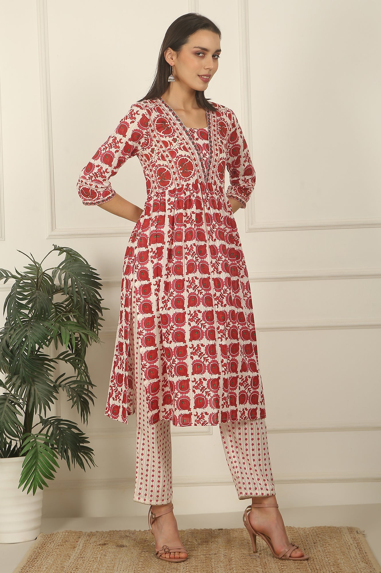 White and Red Printed Gathered Cotton Lurex Kurta, Pants and Dupatta Set