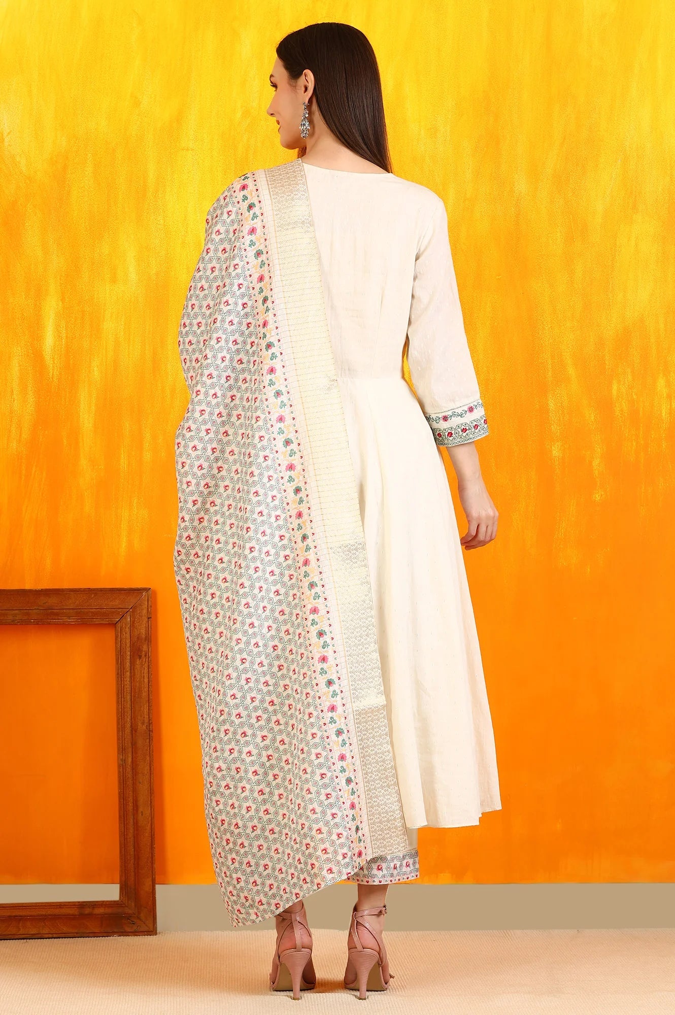 White Embroidered Yoke Cotton Dobby Anarkali Kurta, Pants and Dupatta Set