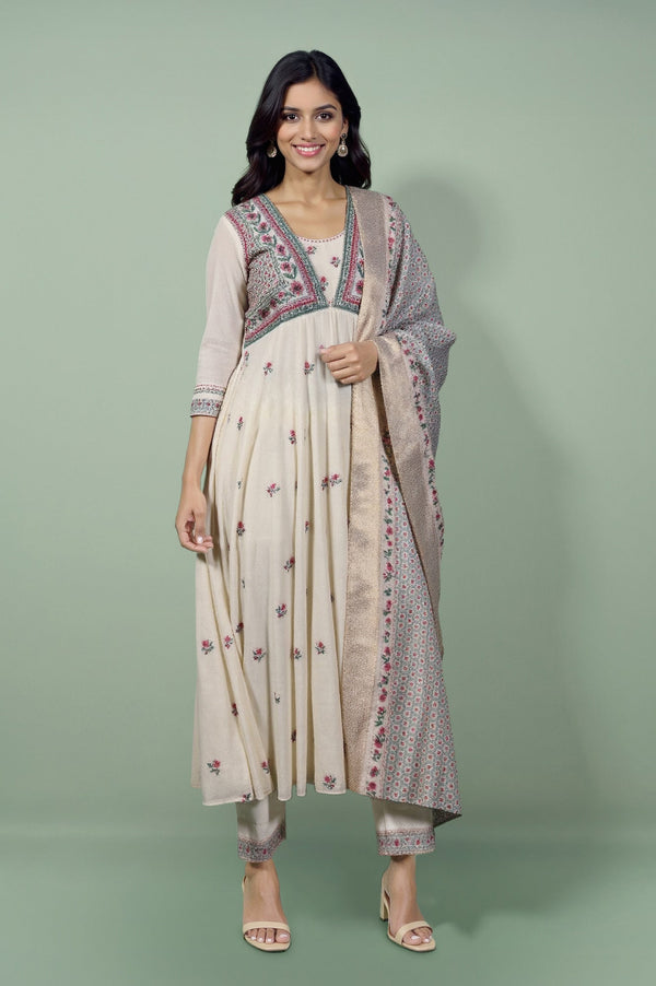 White Embroidered Yoke Cotton Dobby Anarkali Kurta, Pants and Dupatta Set
