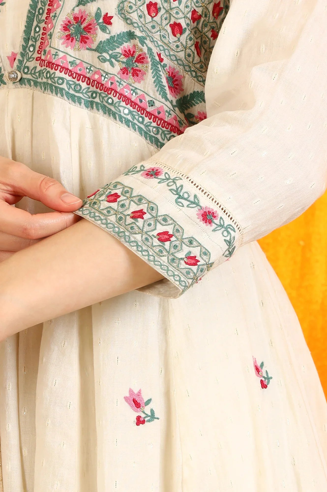 White Embroidered Yoke Cotton Dobby Anarkali Kurta, Pants and Dupatta Set