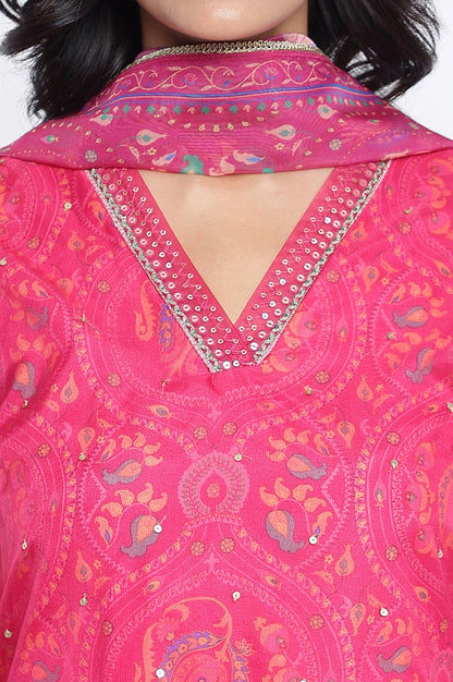 Fuschia Pink Printed Rayon Straight Kurta, Straight Pant and Dupatta Set