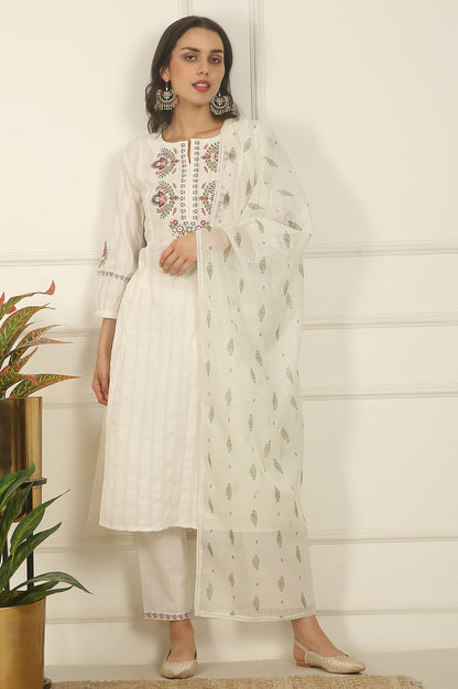 White Thread Embroidered Pure Cotton Flared Kurta, Pants and Dupatta Set