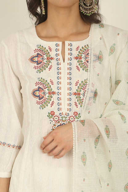 White Thread Embroidered Pure Cotton Flared Kurta, Pants and Dupatta Set