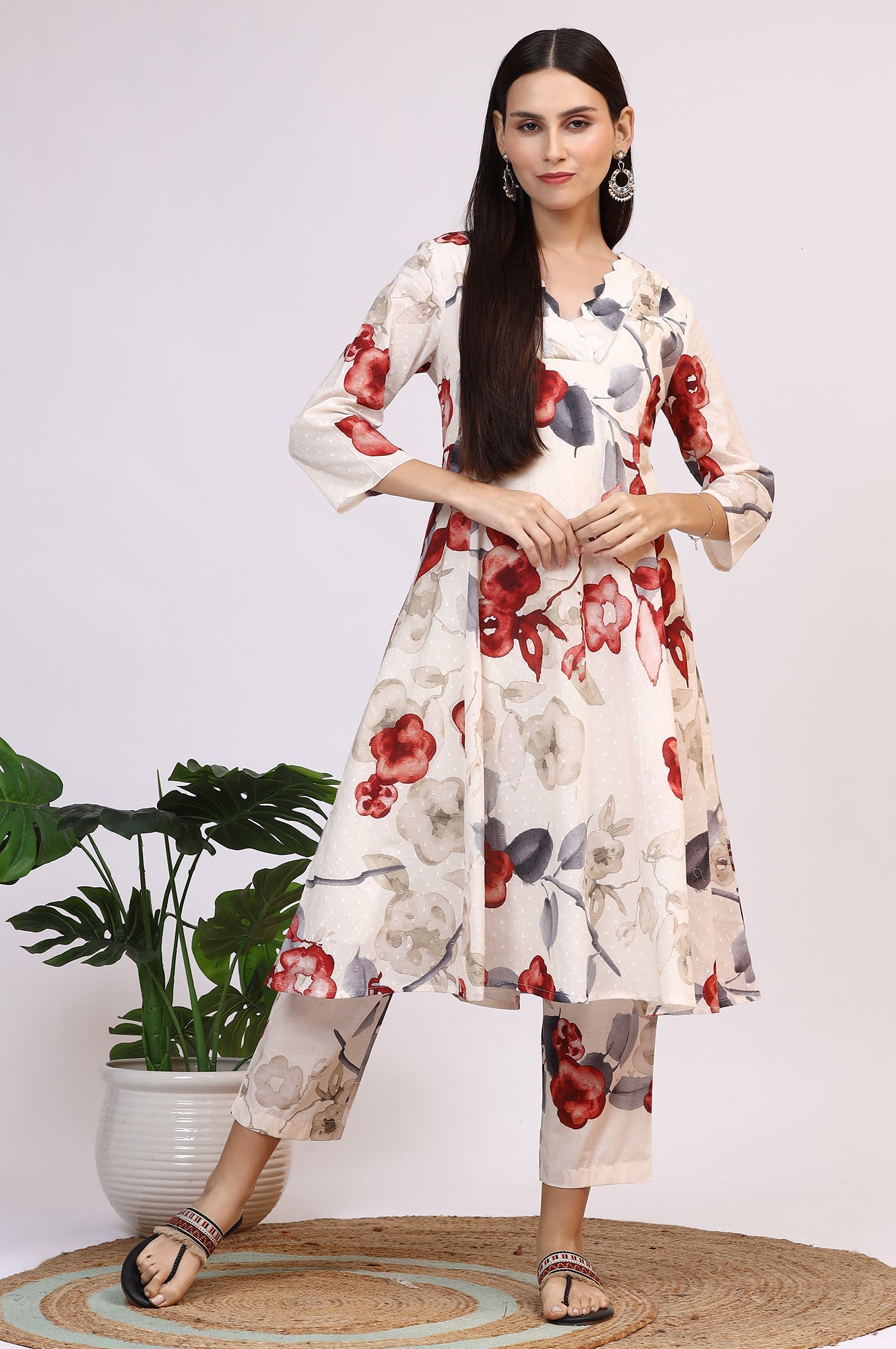 White Bold Floral Printed Pure Cotton Swiss Dot Flared Kurta and Pants Co-ord Set