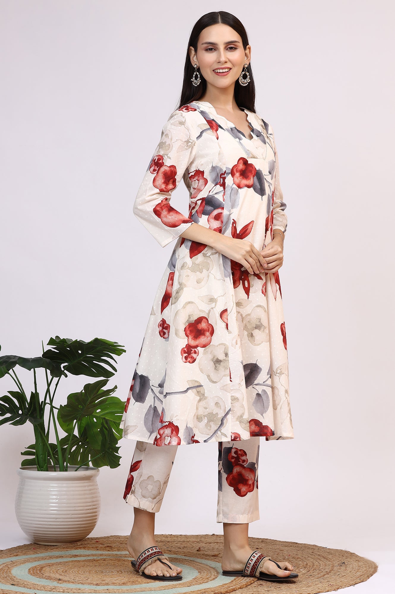 White Bold Floral Printed Pure Cotton Swiss Dot Flared Kurta and Pants Co-ord Set