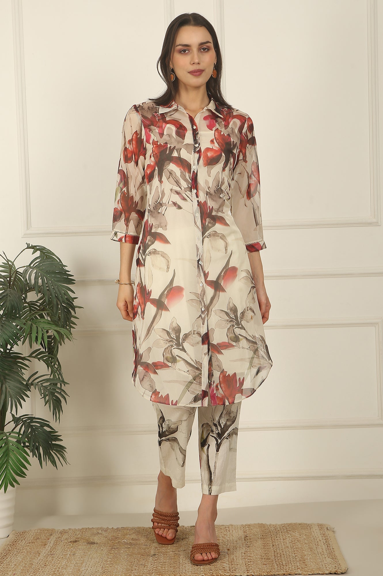 Off-White Floral Printed Organza Shirt Kurta and Pants Co-ord Set