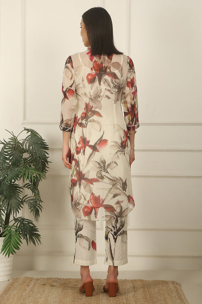 Off-White Floral Printed Organza Shirt Kurta and Pants Co-ord Set