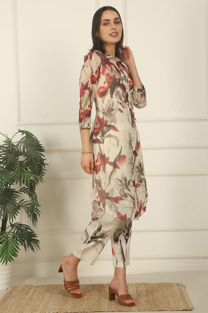Off-White Floral Printed Organza Shirt Kurta and Pants Co-ord Set