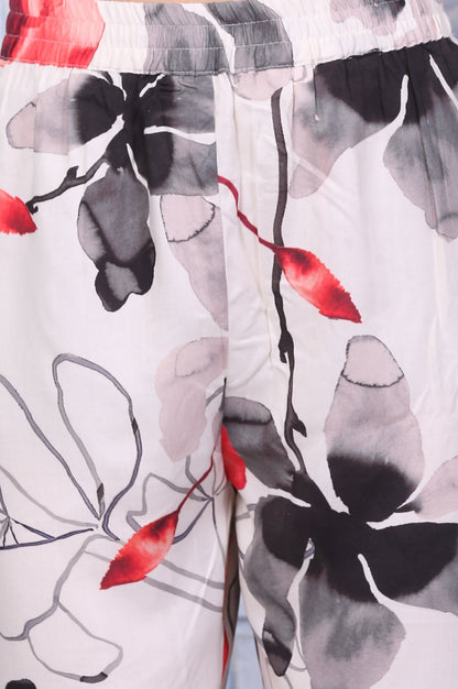 White Bold Floral Printed Chiffon Spaghetti Anarkali Kurta, Pants and Dupatta Set
