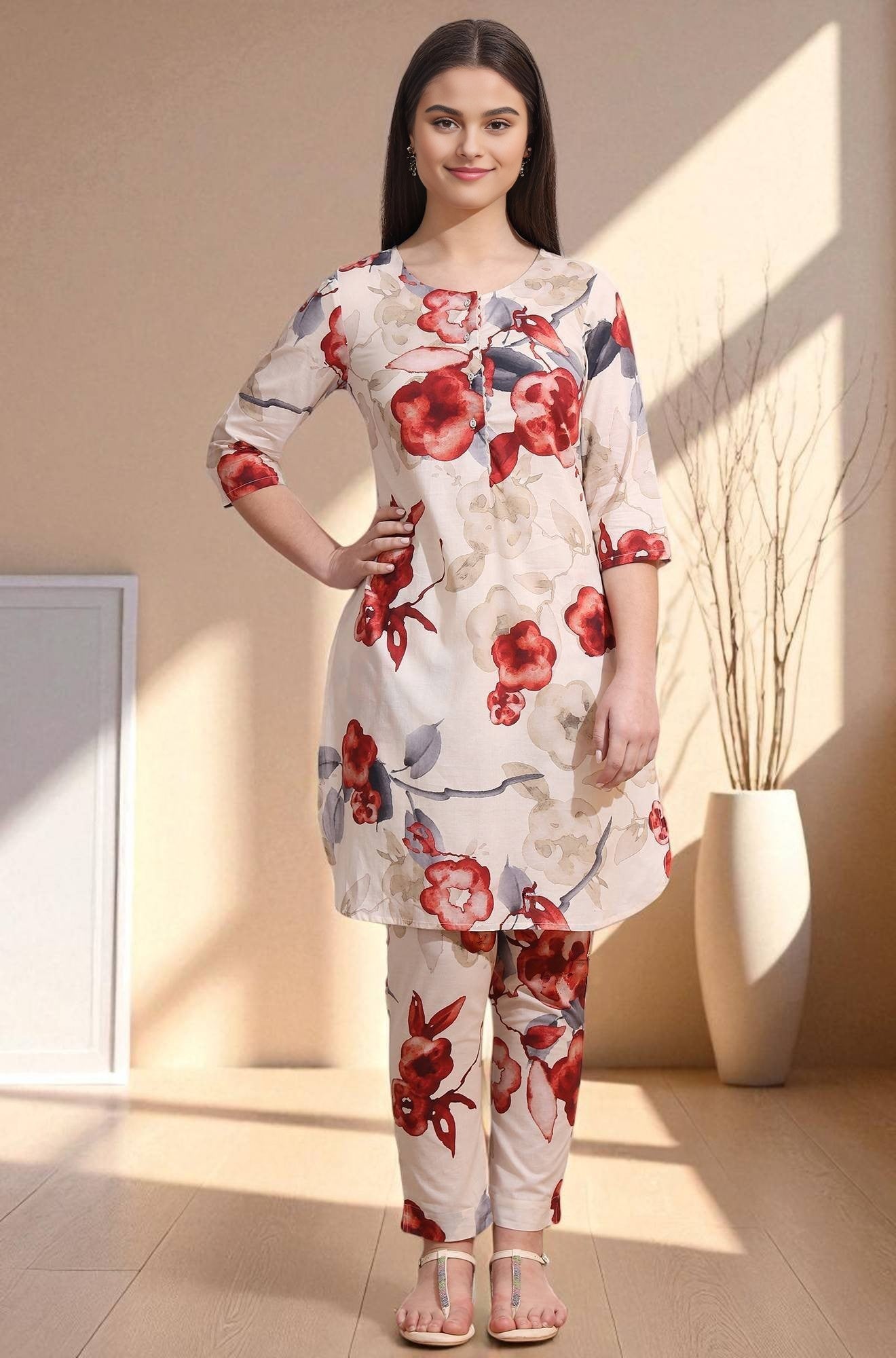 White Bold Floral Printed Pure Cotton Straight Kurta and Pants Co-Ords Set