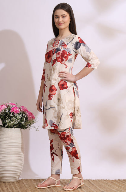 White Bold Floral Printed Pure Cotton Straight Kurta and Pants Co-Ords Set