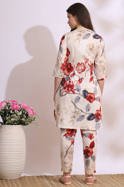 White Bold Floral Printed Pure Cotton Straight Kurta and Pants Co-Ords Set