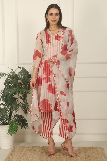 White and Red Printed Layered Organza Kurta, Pants and Dupatta Set