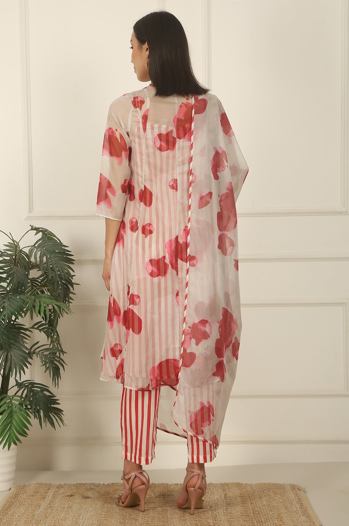 White and Red Printed Layered Organza Kurta, Pants and Dupatta Set