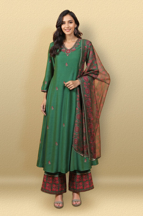 Emerald Green Embroidered Panelled Kurta, Flared Pants and Dupatta Set