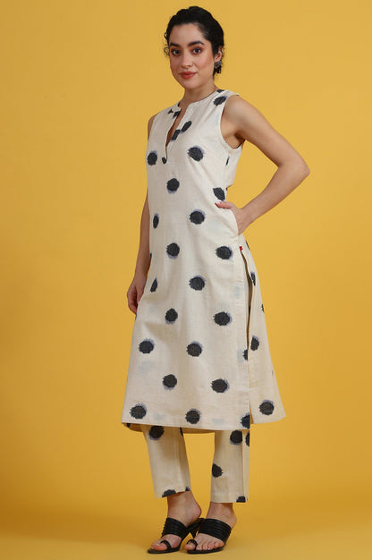 White Polka Dots Cotton Flax A-line Kurta and Pants Co-ord Set