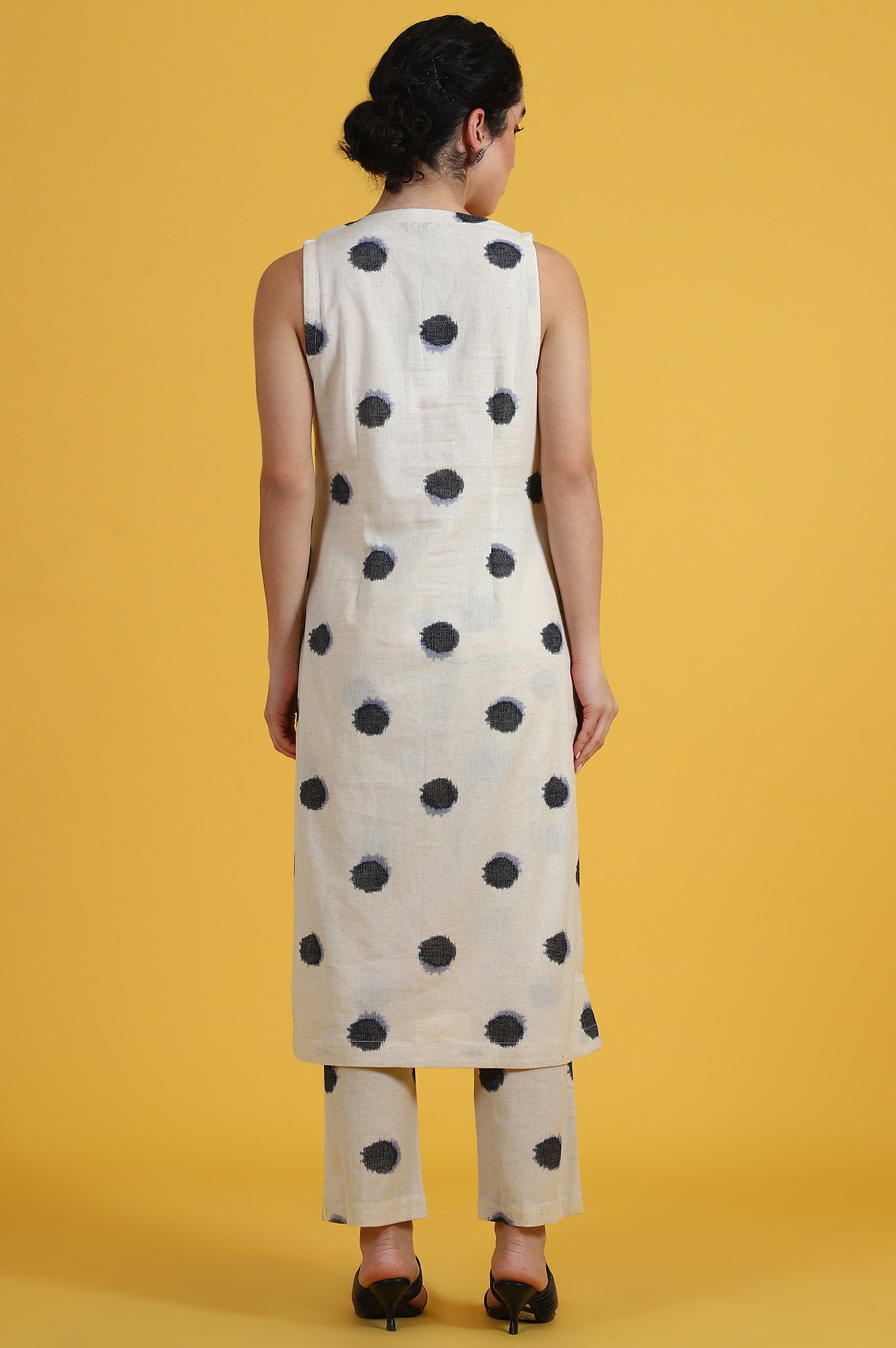 White Polka Dots Cotton Flax A-line Kurta and Pants Co-ord Set