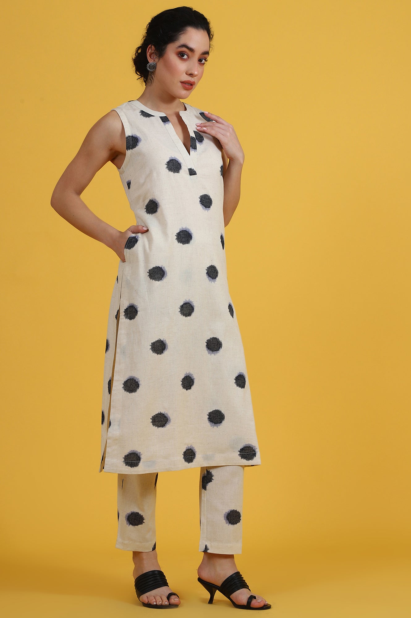 White Polka Dots Cotton Flax A-line Kurta and Pants Co-ord Set