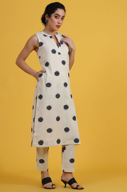 White Polka Dots Cotton Flax A-line Kurta and Pants Co-ord Set
