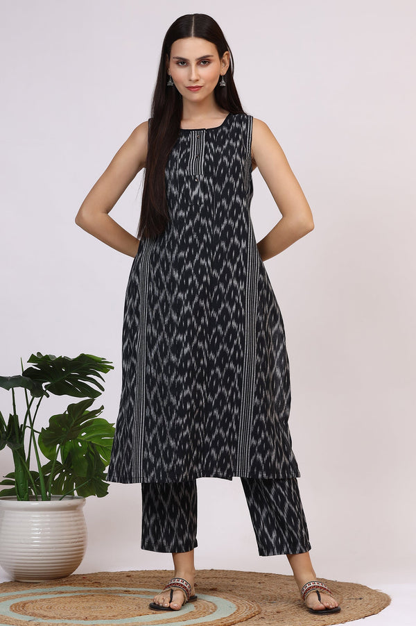 Black Ikkat Pure Cotton Straight Kurta and Pants Co-ord Set