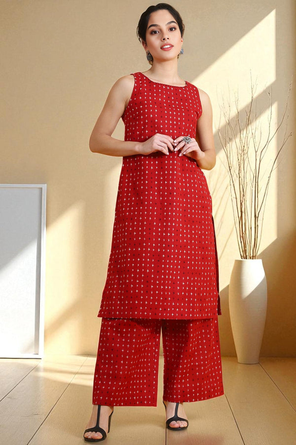 Red Abstract Printed Cotton Flax Sleeveless Straight Kurta and Pants Co-ord Set
