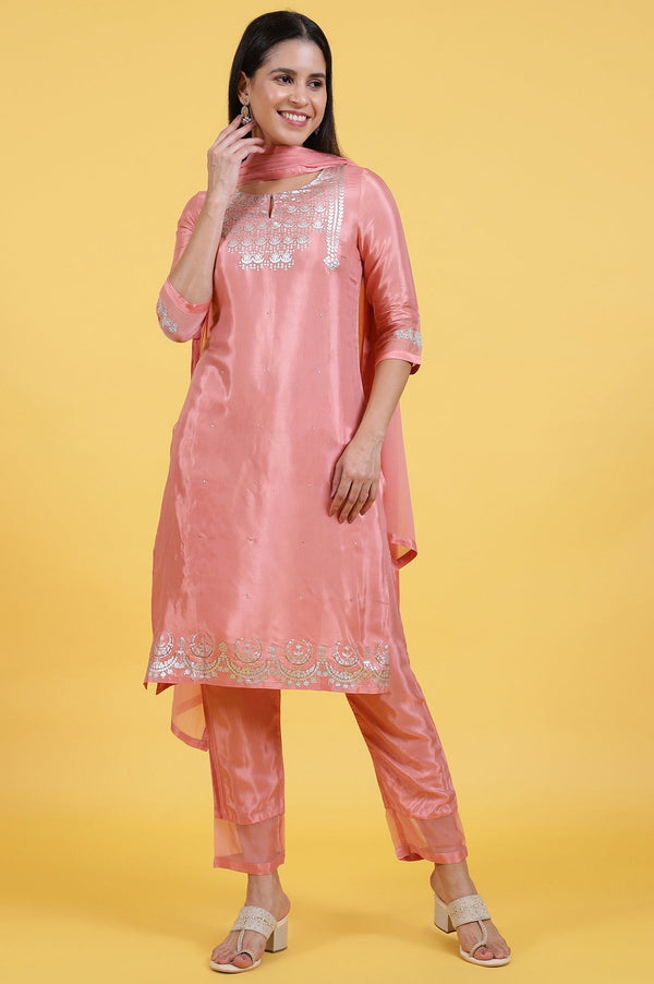 Pink Foil Printed Shantung Straight Kurta, Pants and Dupatta Set