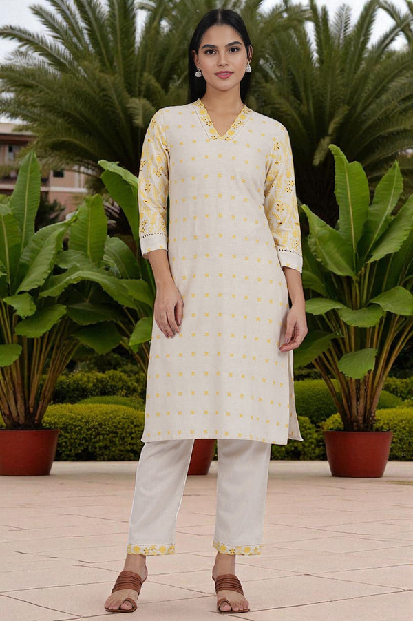 Beige Embroidered Lace Cotton Blend Straight Kurta & Straight Pant Set