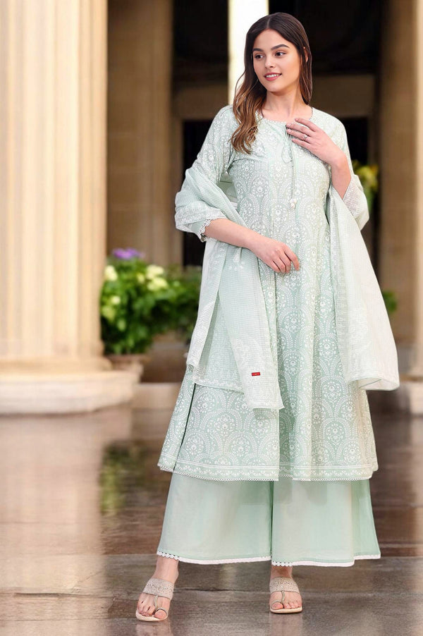 Spring Mint Green Floral Printed Flared Kurta and Flared Pants Set with Dupatta
