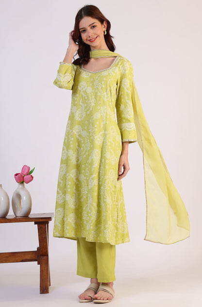 Lime Green Floral Printed Sequined Rayon Anarkali Kurta, Straight Pants and Dupatta Set