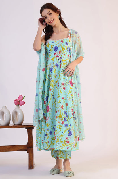 Floral Printed Lace Flared Pure Cotton Kurta &amp; Straight Pant with Dupatta Set